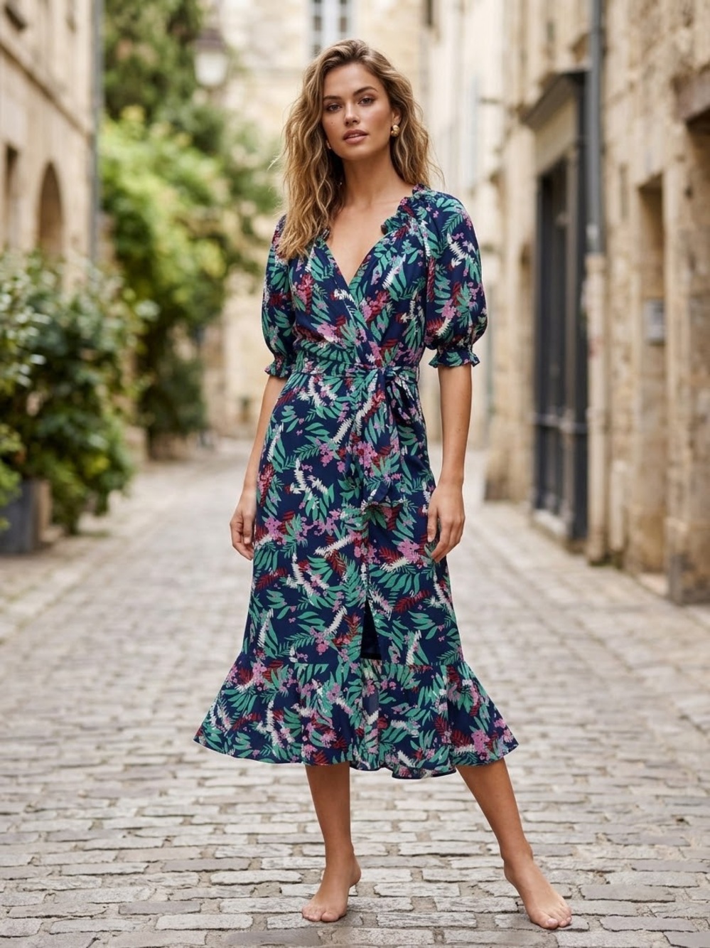 SALONI Lea Silk Wrap Midi Dress Blue Green Floral Palm Print Short Sleeve US 4